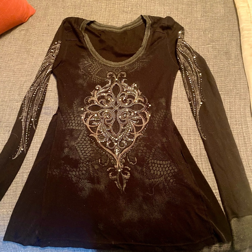BKE Black Long Sleeve Top with Silver Accents